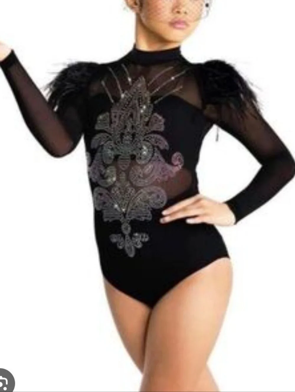 Revolution Rhinestone Mesh Feathered Dance Leotard